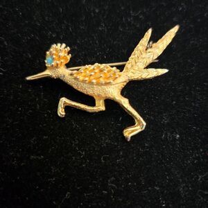 Vintage Roadrunner Bird Brooch Pin Aqua Stone eye